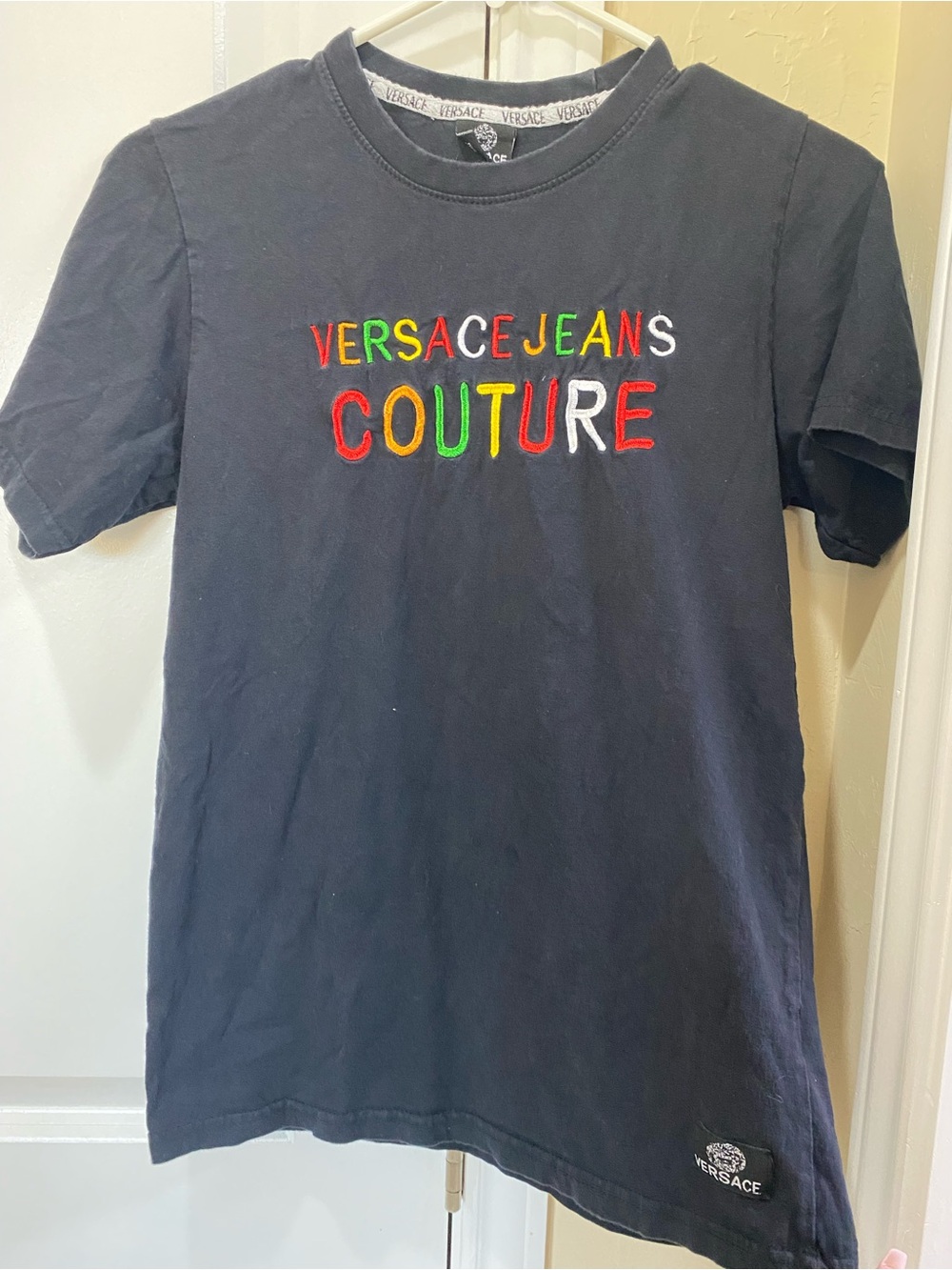 Versace Black Short-Sleeve Tee with Multicolor Embroidered Logo